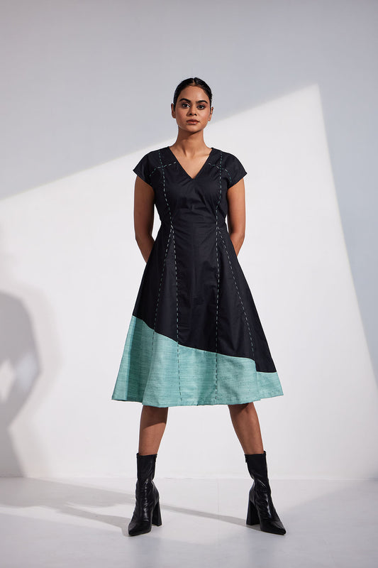 Black Color Block A Line Dress