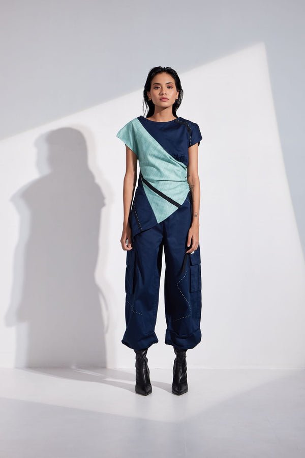 Aqua Asymmetric Top And Cargo Joggers Co-Ord Set