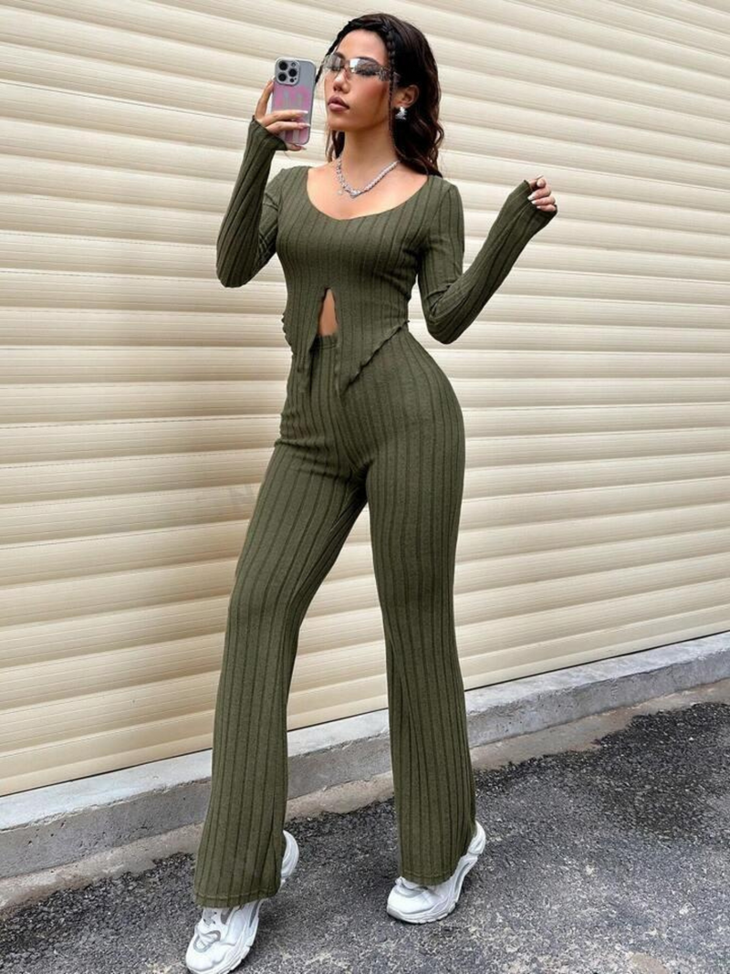 Ribbed slit top and pants co-ord set