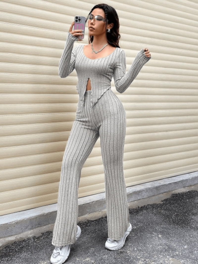 Ribbed slit top and pants co-ord set