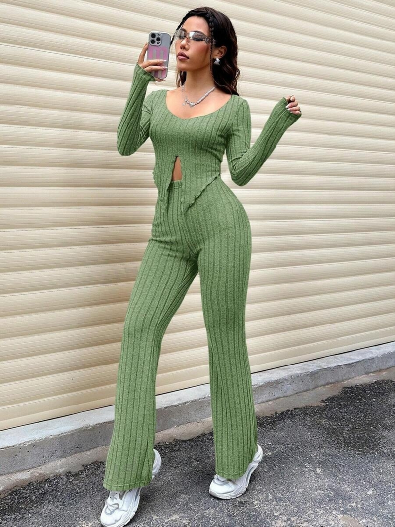 Ribbed slit top and pants co-ord set