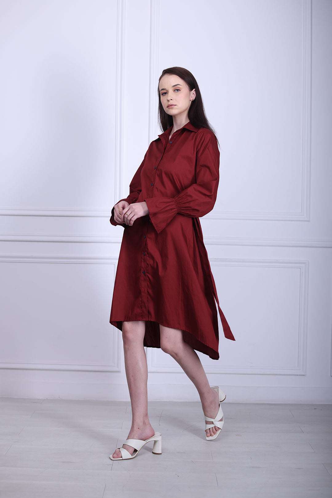 Maroon poplin shirt dress