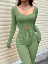 Ribbed slit top and pants co-ord set