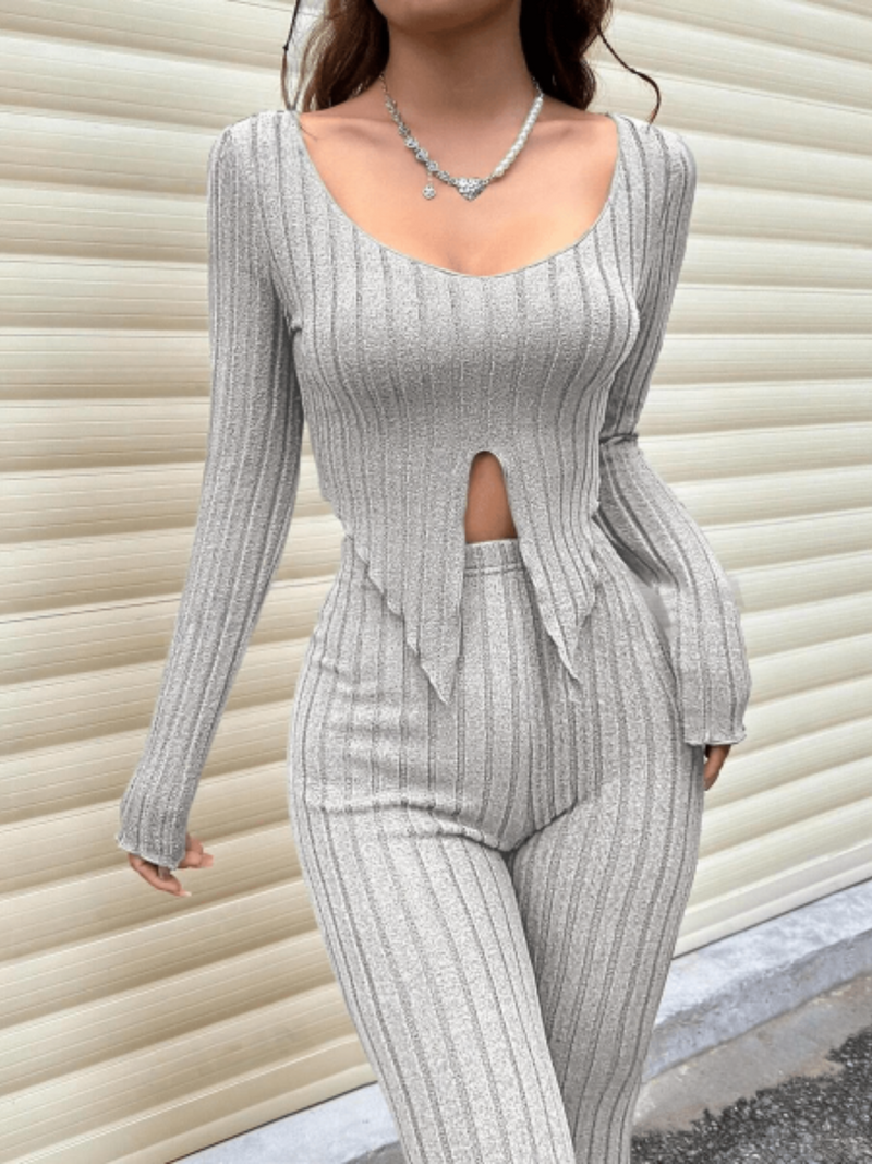 Ribbed slit top and pants co-ord set