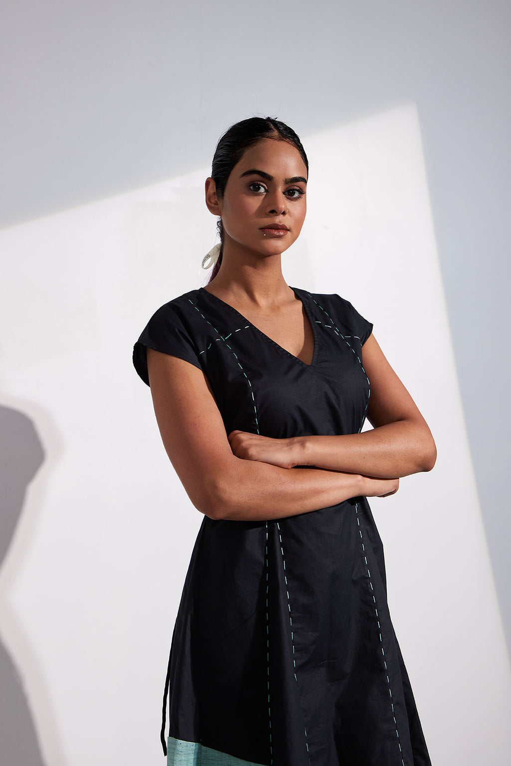 Black Color Block A Line Dress