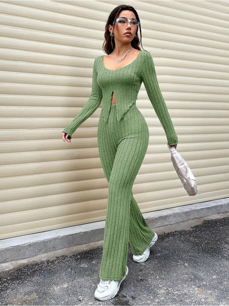 Ribbed slit top and pants co-ord set