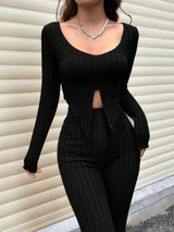 Ribbed slit top and pants co-ord set