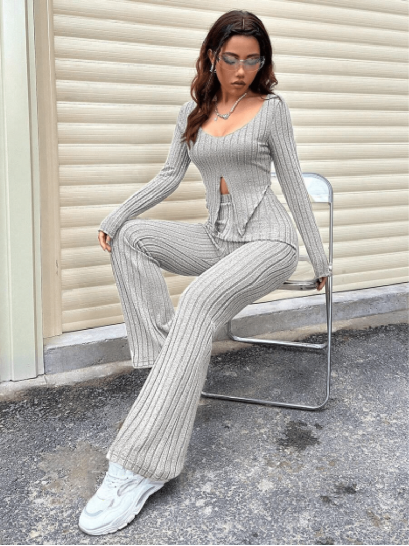 Ribbed slit top and pants co-ord set