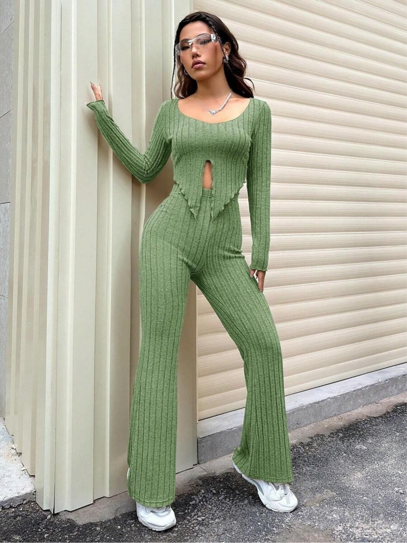 Ribbed slit top and pants co-ord set