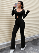 Ribbed slit top and pants co-ord set