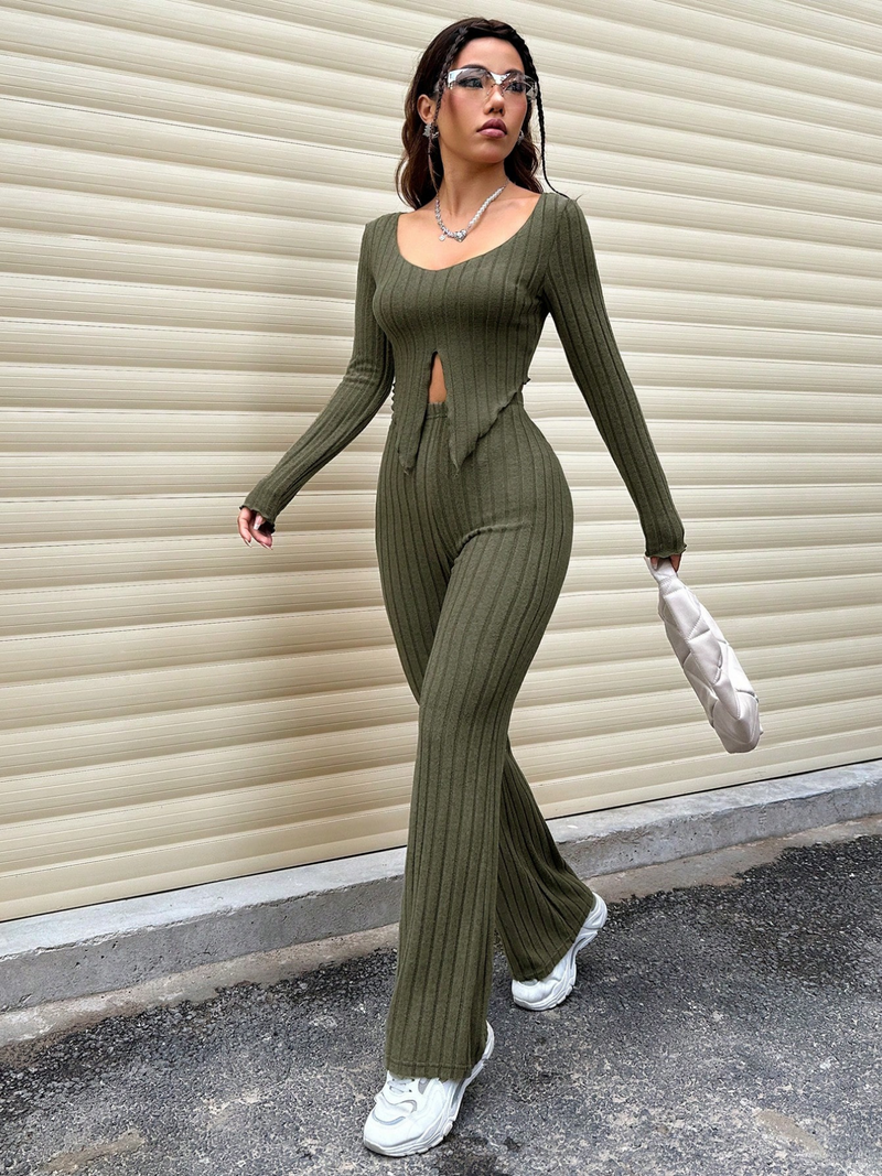 Ribbed slit top and pants co-ord set